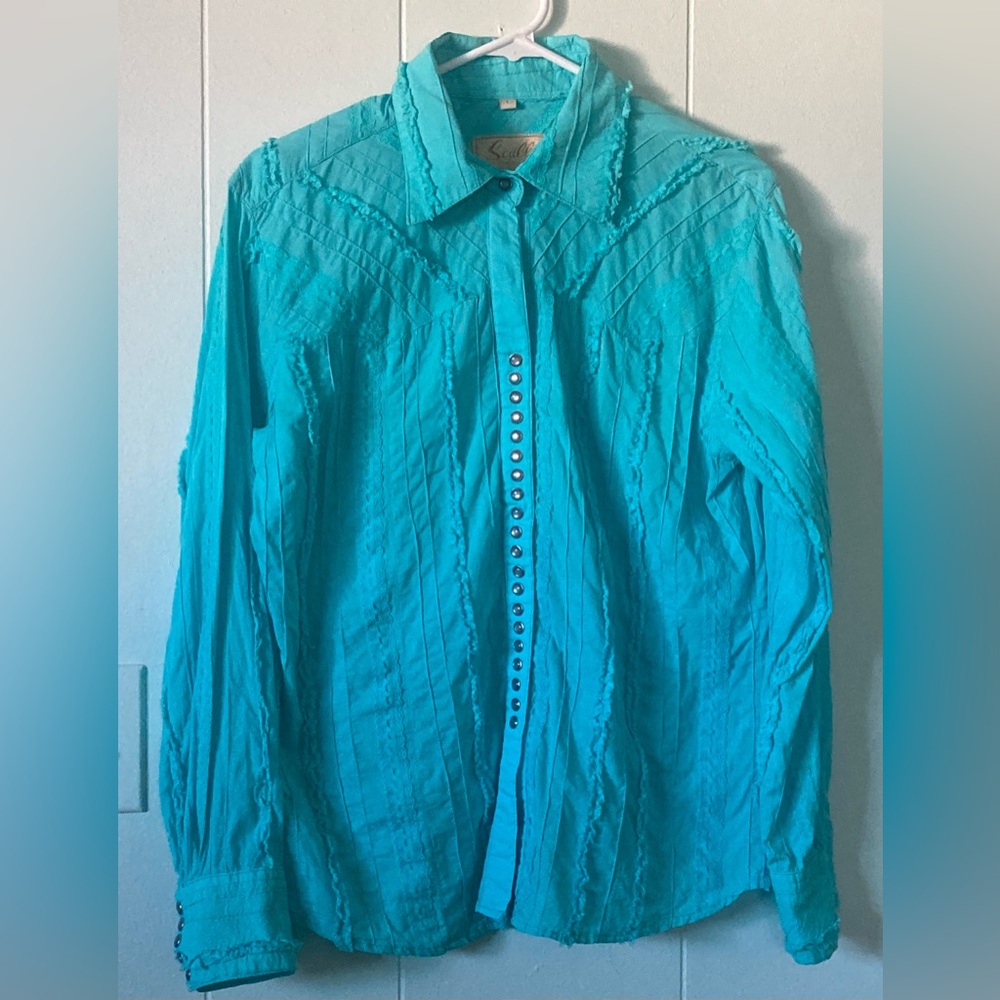Scully SZ L Womens Turquoise Western-Style Button-Down long sleeve blouse